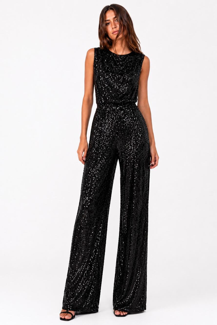LAPOINTE Jumpsuit Womens 10 Black Sequin Sleeveless Wide Leg Glam Evening Party